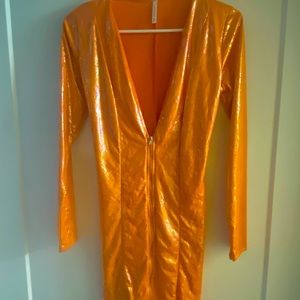 Cotton silk dress, zip up in front long sleeve dress